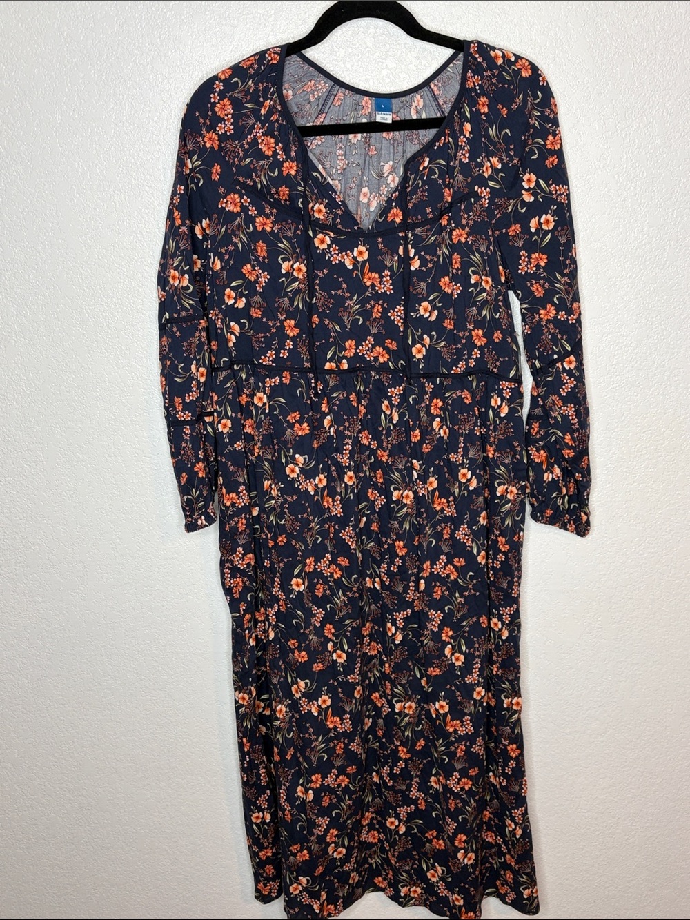 Old Navy Navy Floral Midi Dress Size Large Boho Classic Teacher Style
